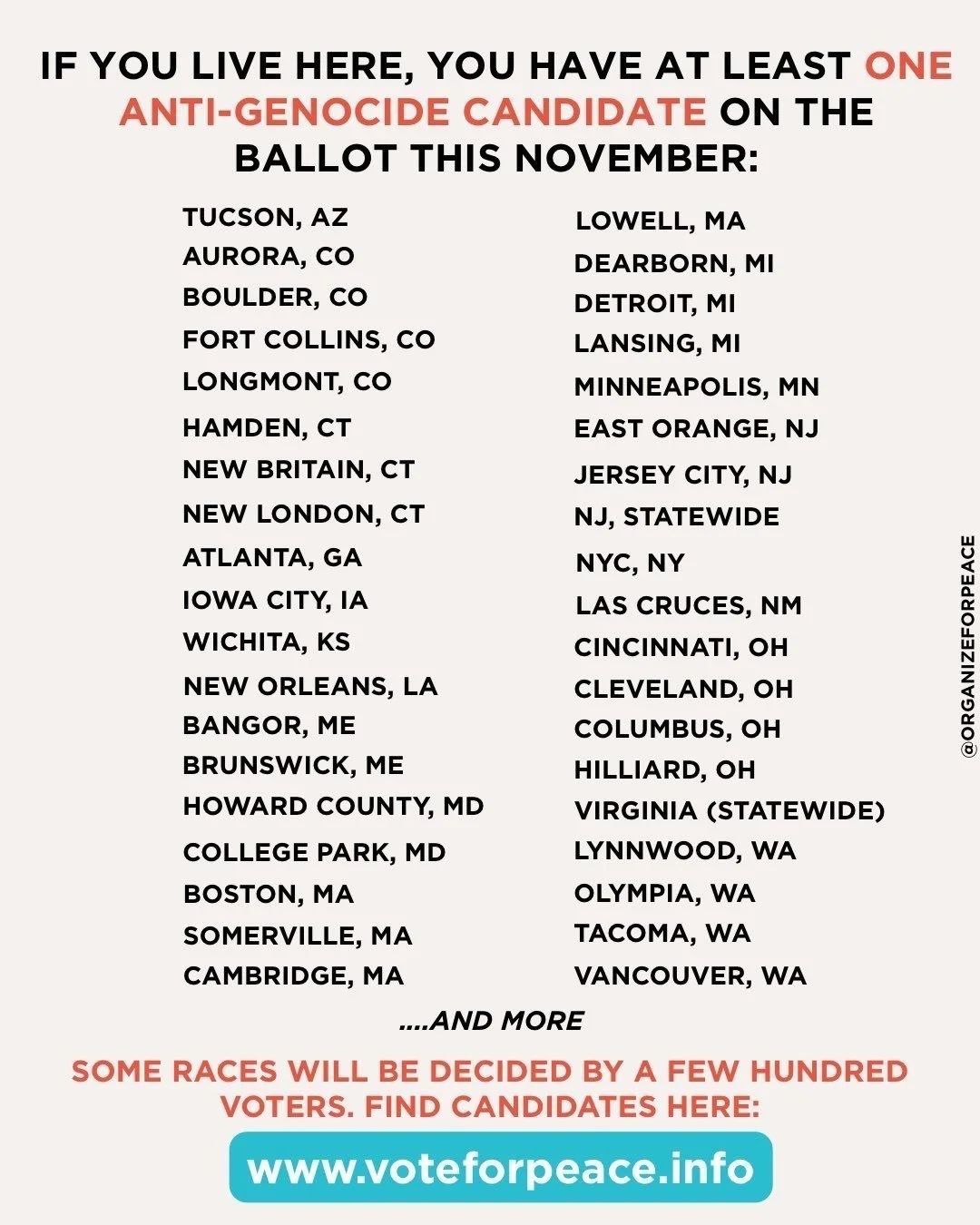 Elections are happening TODAY and dozens of cities across the country have pro-peace, anti-AIPAC candidates on the ballot!

Find them. Vote for them.

voteforpeace.info