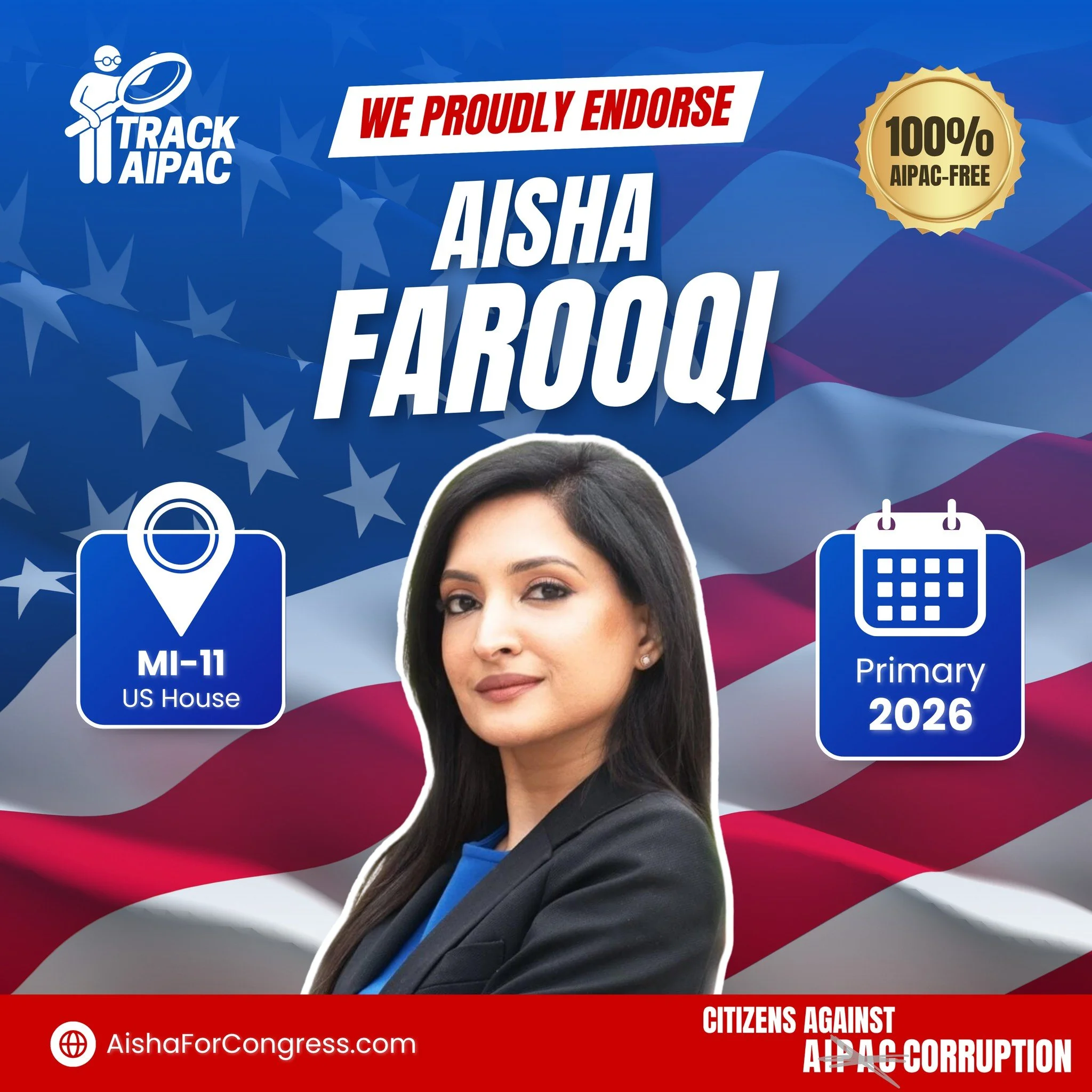 🎉 ENDORSEMENT ALERT! 🎉

We are proud to endorse @aisha_for_congress in #MI11! 

While too many politicians equivocate in the face of injustice, Aisha Farooqi demonstrates unflinching moral clarity. Her campaign is built on a refusal of AIPAC's agen