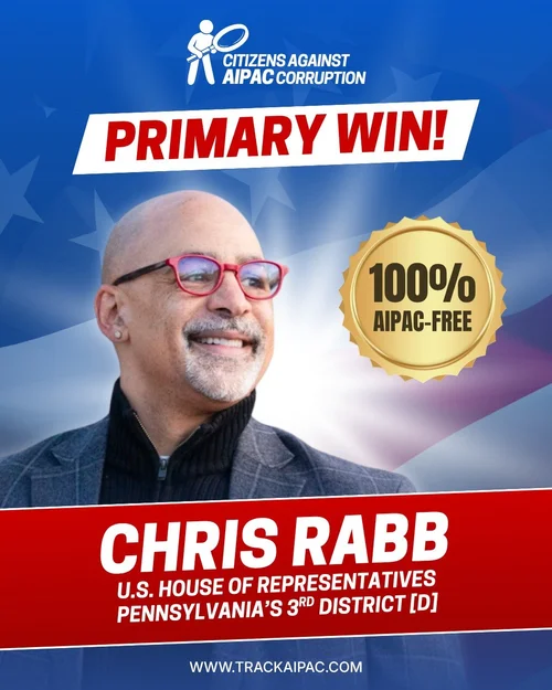 Congratulations to @chrisrabb for securing the Democratic nomination in Pennsylvania's 3rd district!

Standing against genocide is good policy and good politics! #PA03