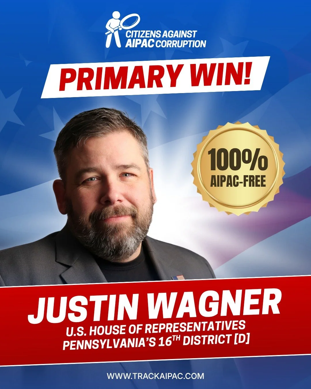 Congratulations to @justinwagnerforcongress for securing the Democratic nomination in Pennsylvania's 16th district!

Standing against genocide is good policy and good politics! #PA16