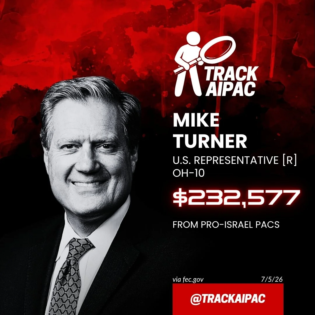 TrackAIPAC graphic showing Mike Turner has received $232,577 from pro-Israel PACs