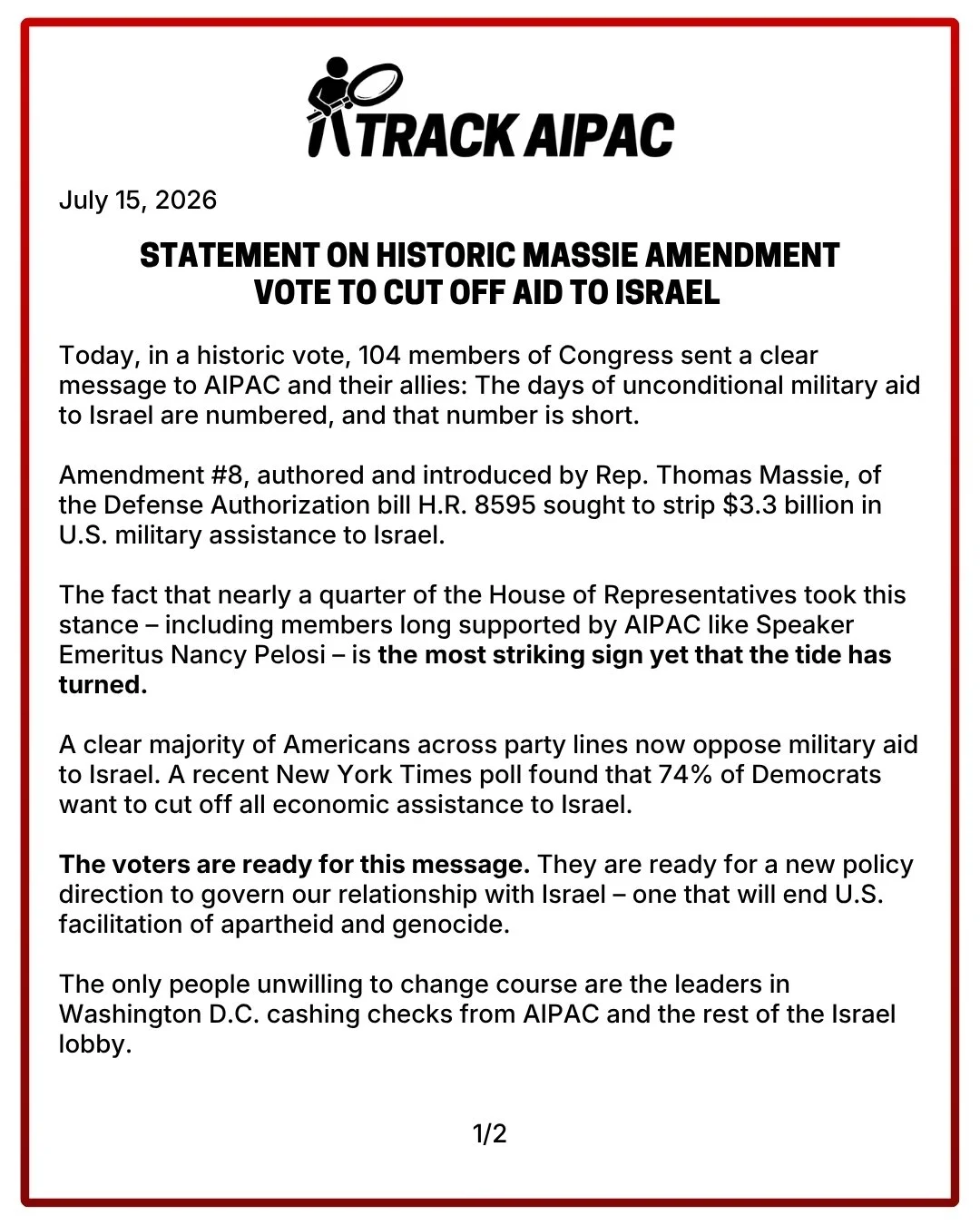 Our statement on today's historic Massie Amendment vote: