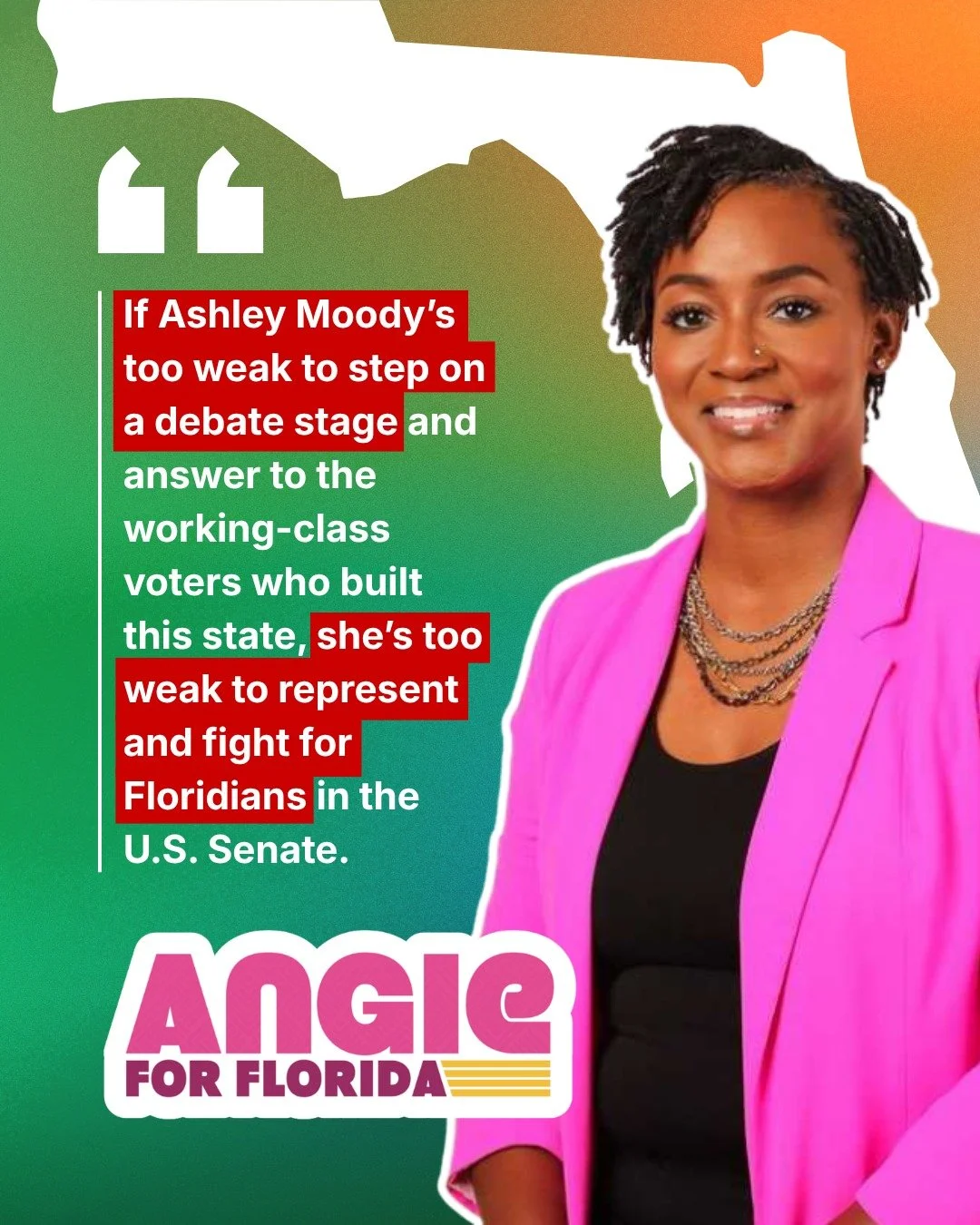 @angieforfl puts Ashley Moody on blast for hiding from Florida voters:

"If Ashley Moody&rsquo;s too weak to step on a debate stage and answer to the working-class voters who built this state, she&rsquo;s too weak to represent and fight for Flor