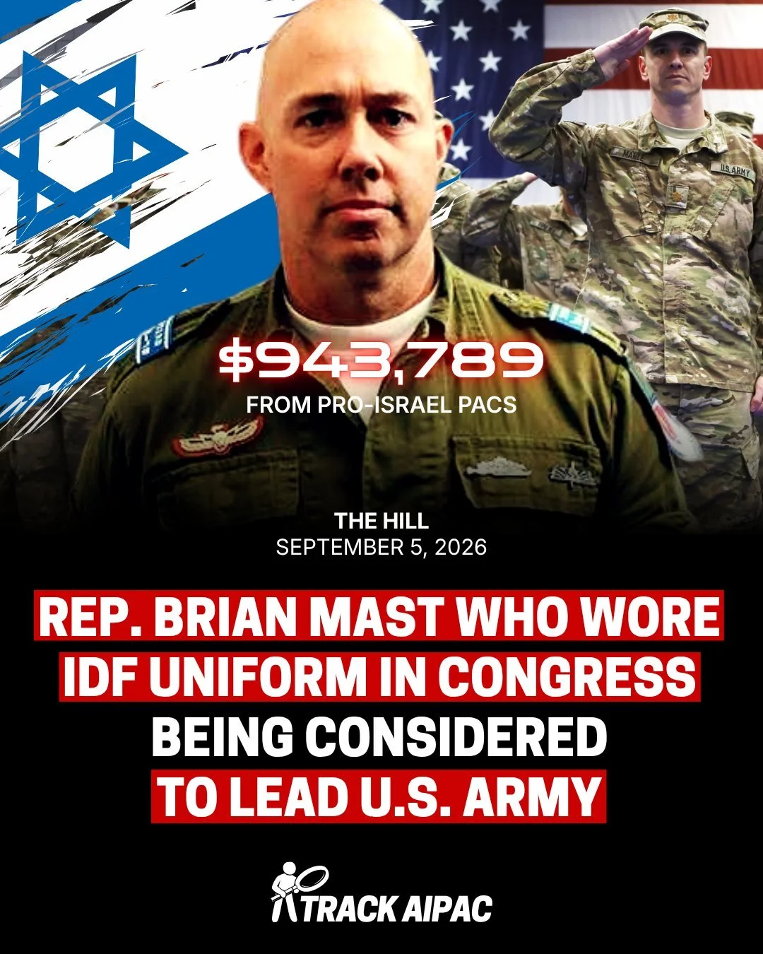 AIPAC's Rep. Brian Mast, who once wore an IDF uniform in Congress, is reportedly being considered as the next Secretary of the Army.