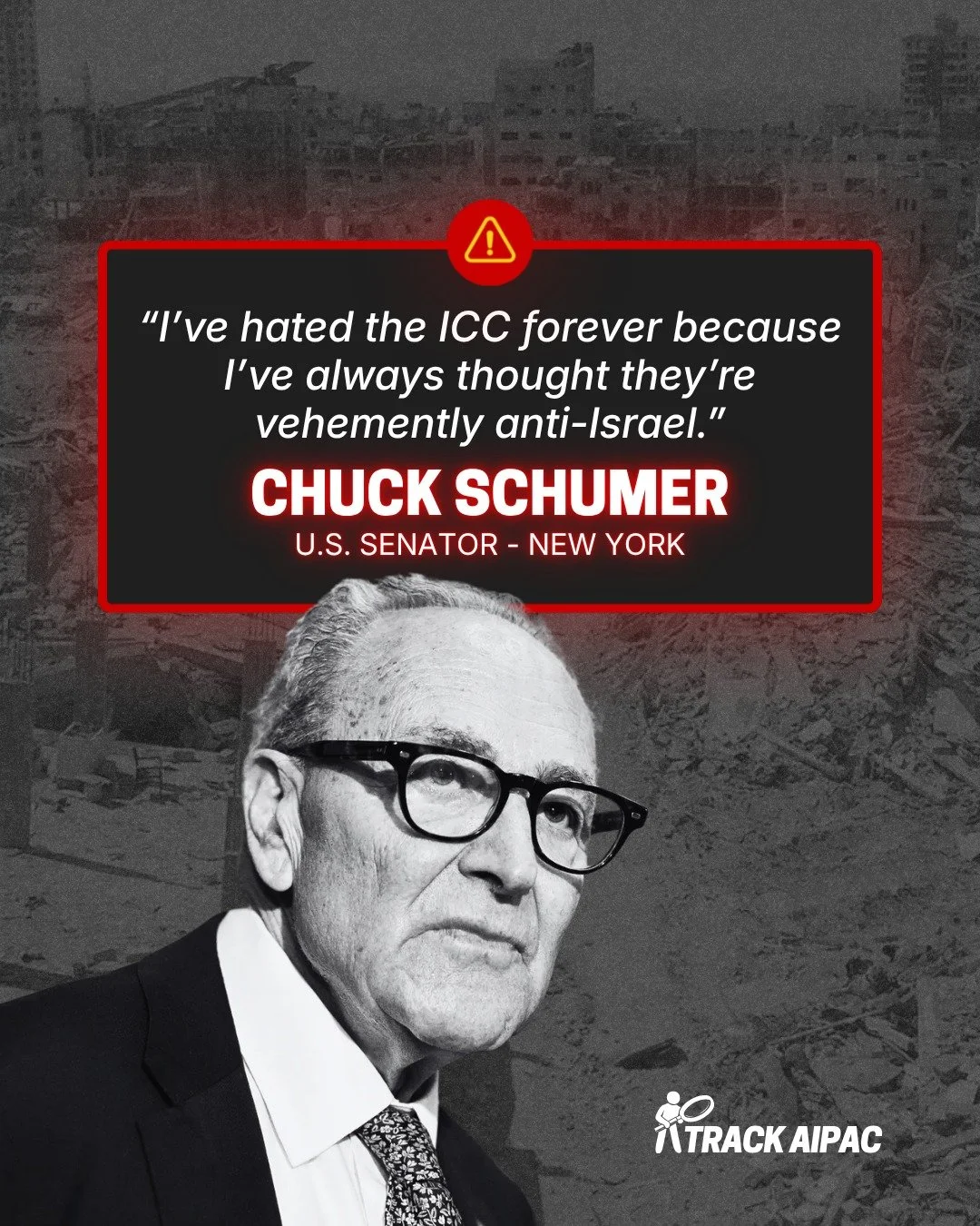 Sen. Chuck Schumer openly proclaims his hatred for the International Criminal Court because they dare hold Israel accountable.