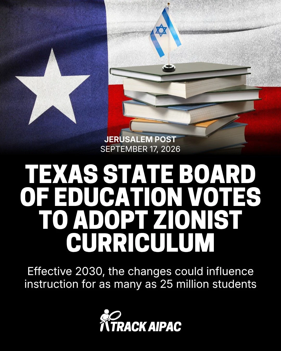 On September 4th, the Republican-controlled Texas State Board of Education voted 8-4 to revise high school education standards to require students to learn about this history of Israel.

Pro-Israel organization Proclaiming Justice to the Nations (PJT