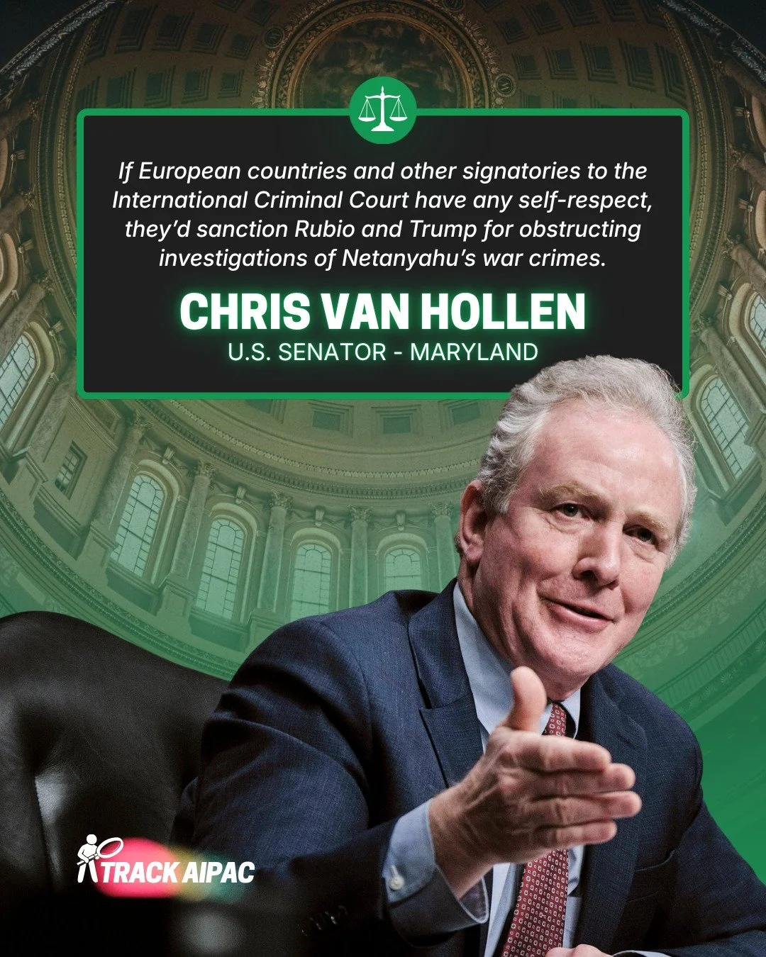Sen. Chris Van Hollen is calling on European nations and ICC member states to impose sanctions on President Donald Trump and Secretary of State Marco Rubio for obstructing investigations into Israeli war crimes.
