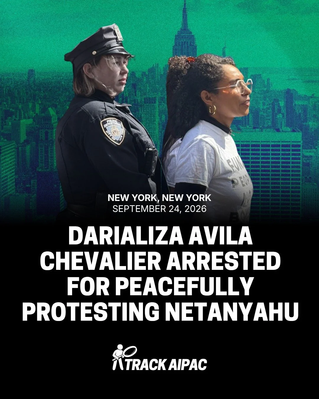 #NY13 Democratic nominee @darializaforny was arrested today for peacefully protesting Netanyahu's UN address in New York:

Her team posted on Twitter: "Darializa was just arrested while peacefully protesting Netanyahu's speech at the United Nati