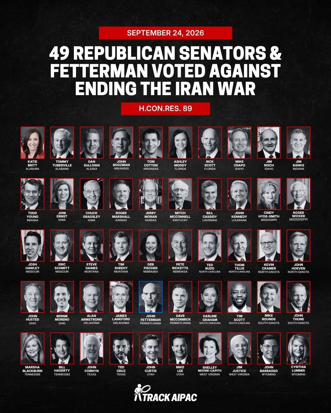 Yesterday, the Senate rejected a House-passed resolution calling for an end to the war with Iran by a 49&ndash;50 vote. The 50 votes against came from 49 Republican senators and Democratic Sen. John Fetterman of Pennsylvania.