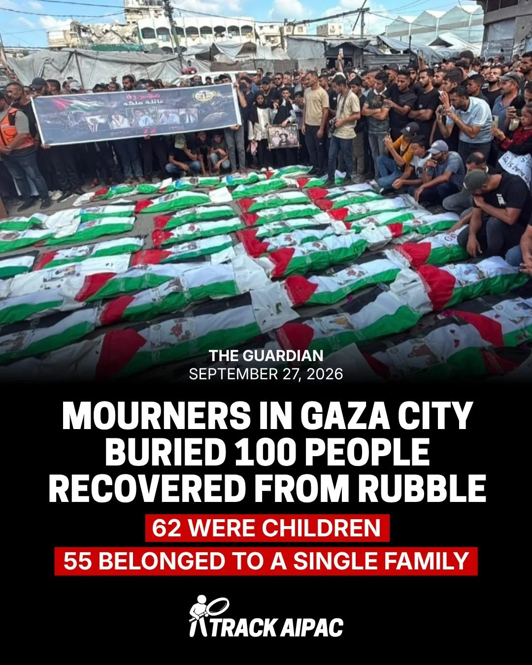 On Sept. 6, mourners in Gaza City buried about 100 people who were finally recovered from the wreckage. 62 of those recovered from under the rubble were children. 55 belonged to a single family, the Malakas. They were killed by Israel in a single str