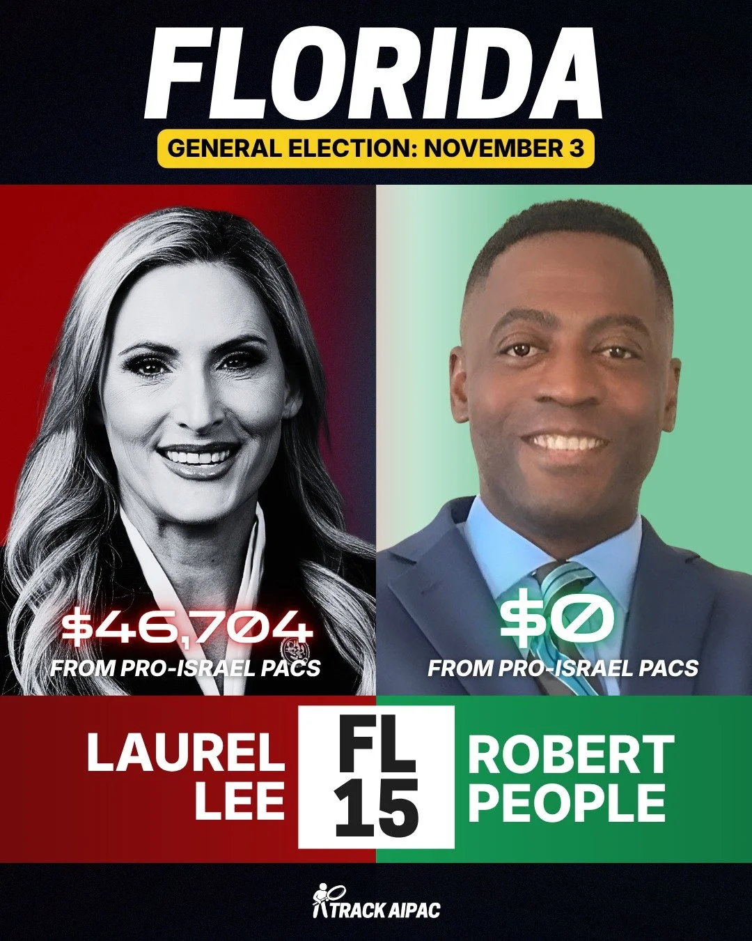 Laurel Lee has taken more than $46,000 from pro-Israel PACs and voted for the bill that sent Israel $3.3 billion in military aid. @robertpeopleforcongress a 21-year Army combat veteran running on a simple promise: no AIPAC money and no arms shipments