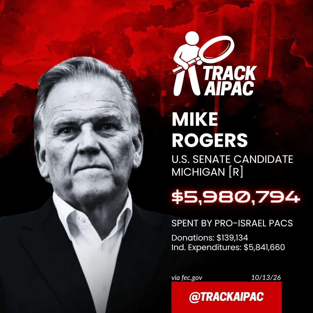 Here comes the money! A super PAC called "TFM" has popped up in Michigan and appears to be an effort linked to pro-Israel social media account "Democrats for Mike Rogers". 

They have dropped >$4.3 million into Michigan since l