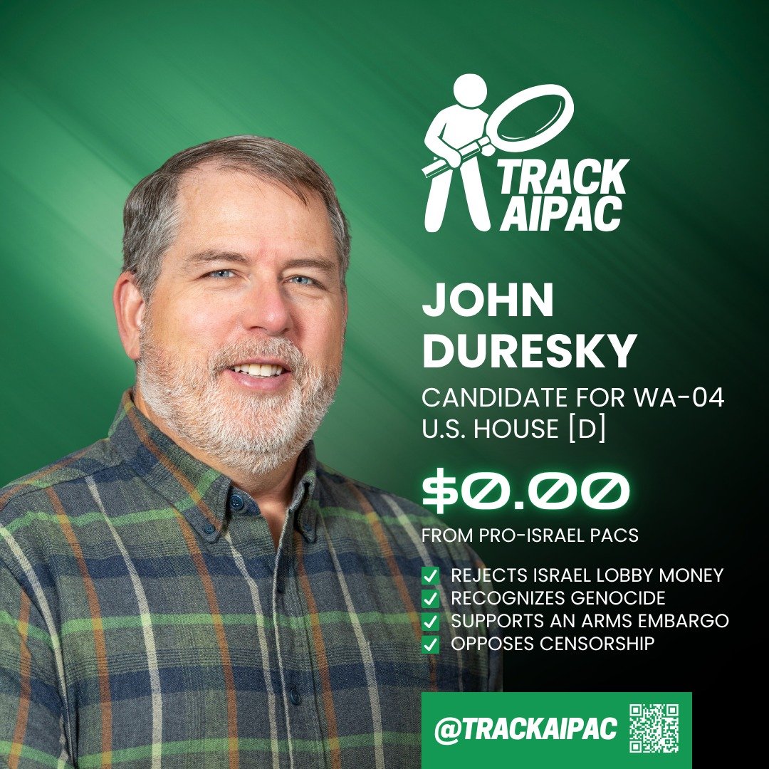Retired Air Force Major @johnduresky4congress refuses AIPAC money and has said plainly that Israel's actions against Palestinians are a genocide. He wants to use American tax dollars to help small-town hospitals stay open and family farms stay in bus