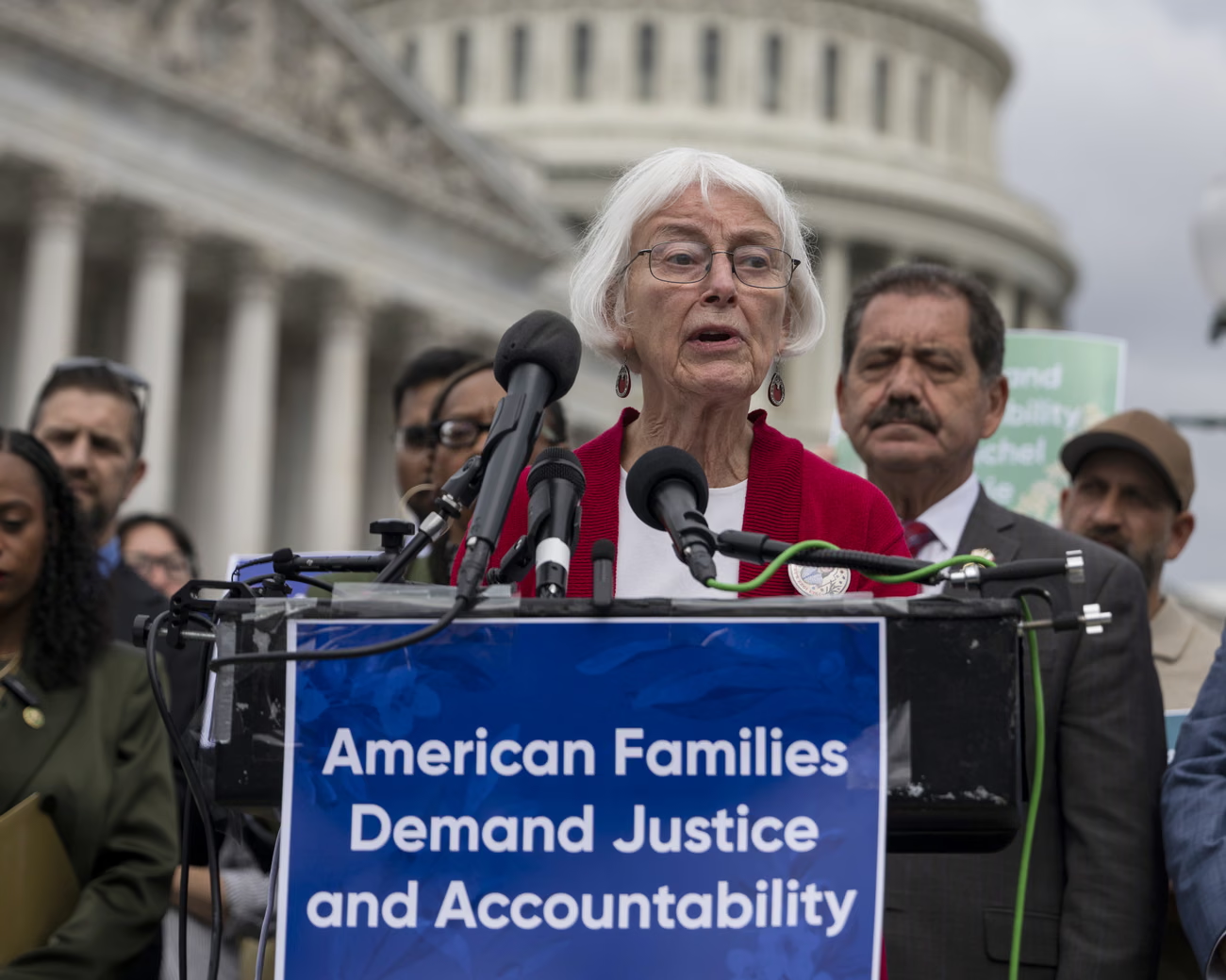 Cindy Corrie, whose daughter, Rachel, was killed in 2003 while trying to stop an Israeli bulldozer from razing Palestinian homes in Gaza, speaks in Washington DC on 16 September. Photograph: Celal Gunes/Getty Images