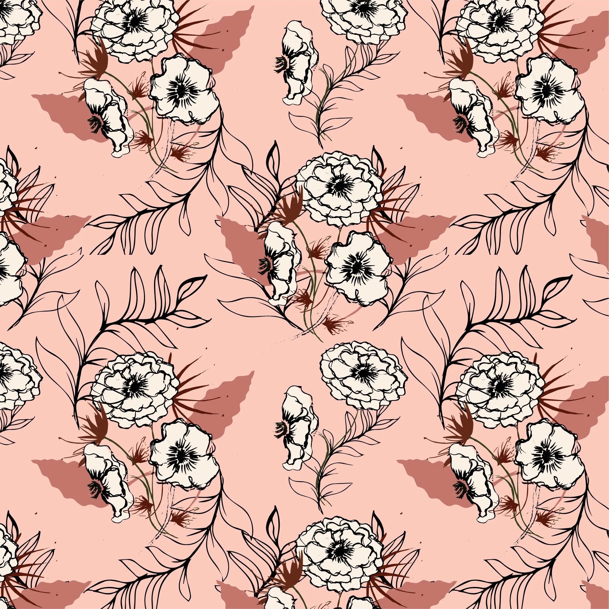 A seamless floral pattern featuring black and white flowers with detailed petals and leaves, cast with soft brown shadows on a light pink background.