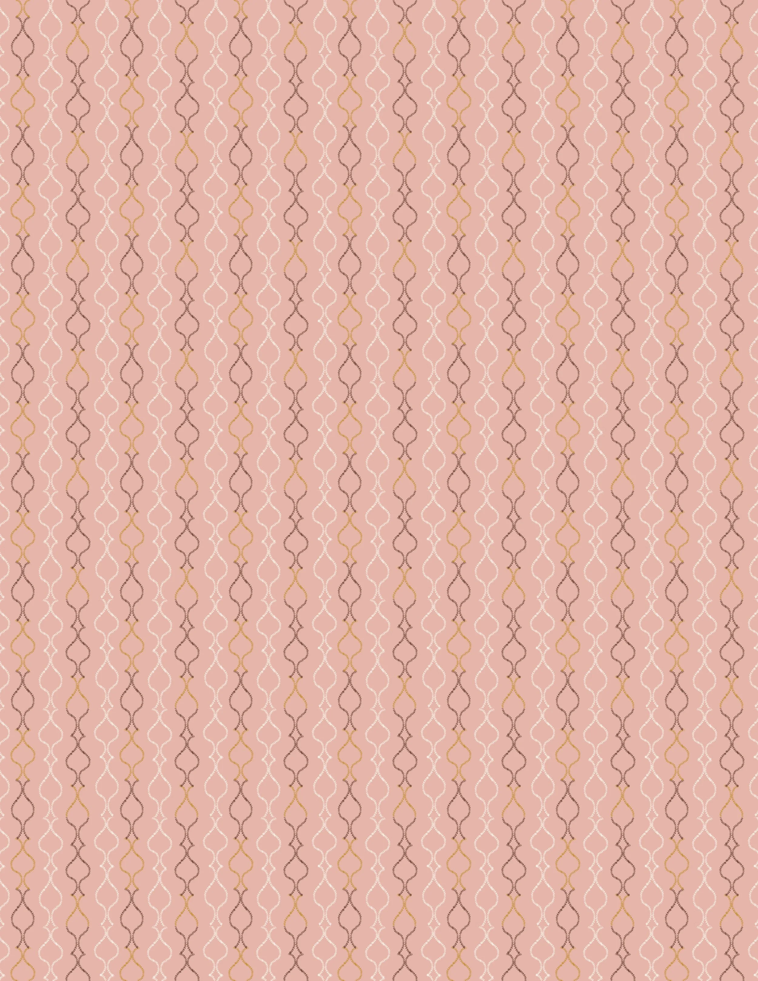 Pink patterned fabric with gold, bronze, and white geometric design.