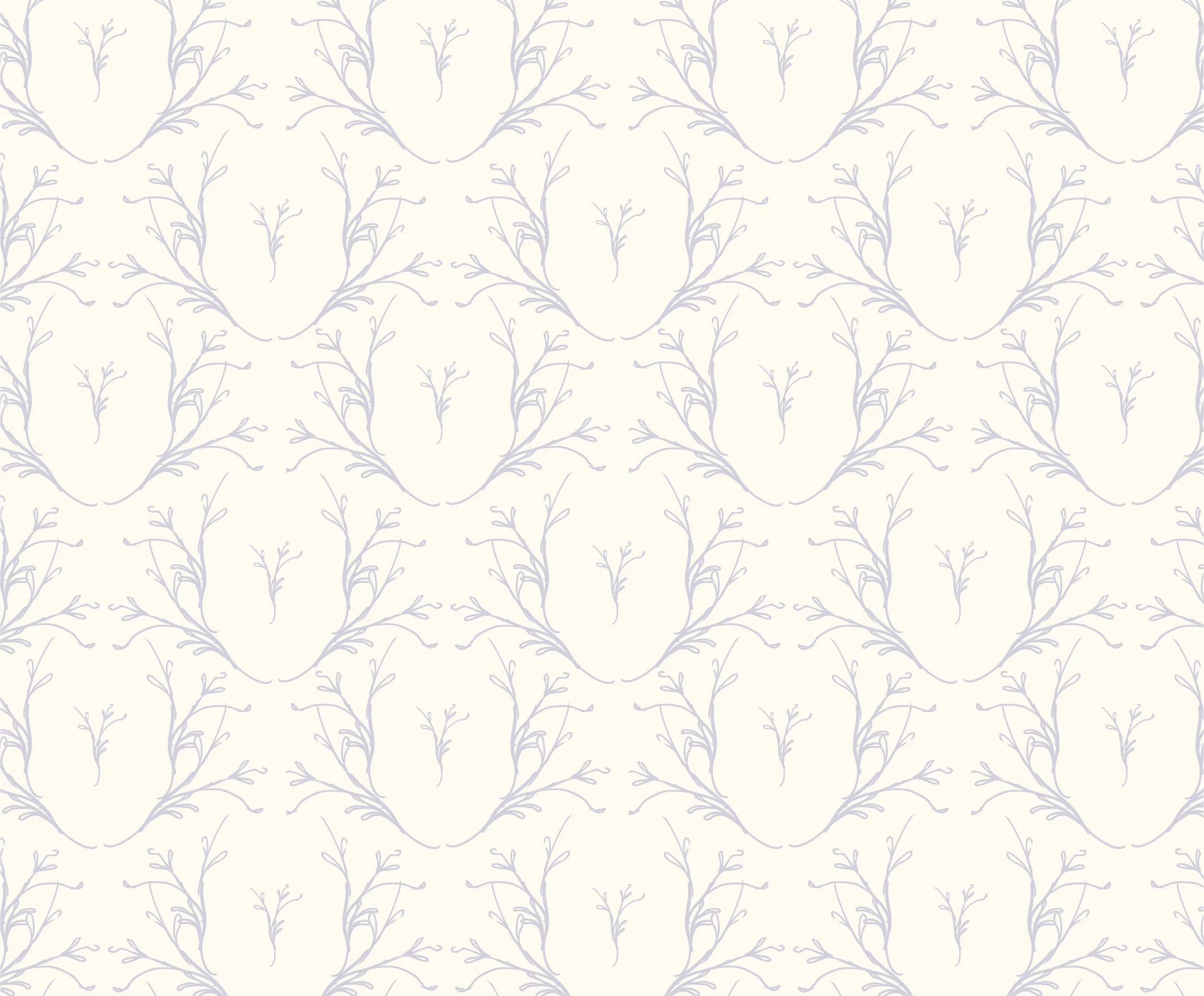 Repeating pattern of stylized, light purple branches on a cream background.