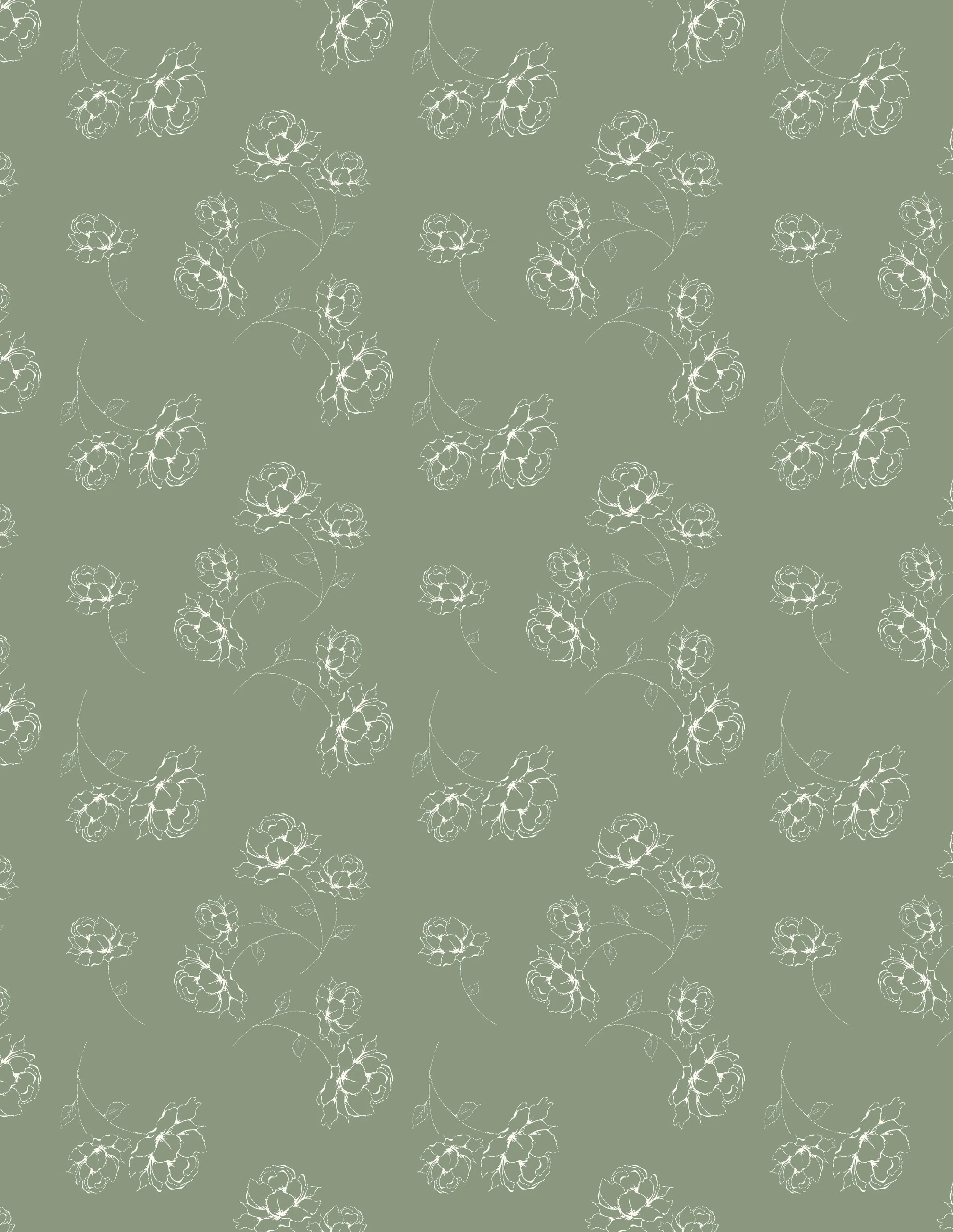 A pattern of white outlines of roses with leaves on a green background.