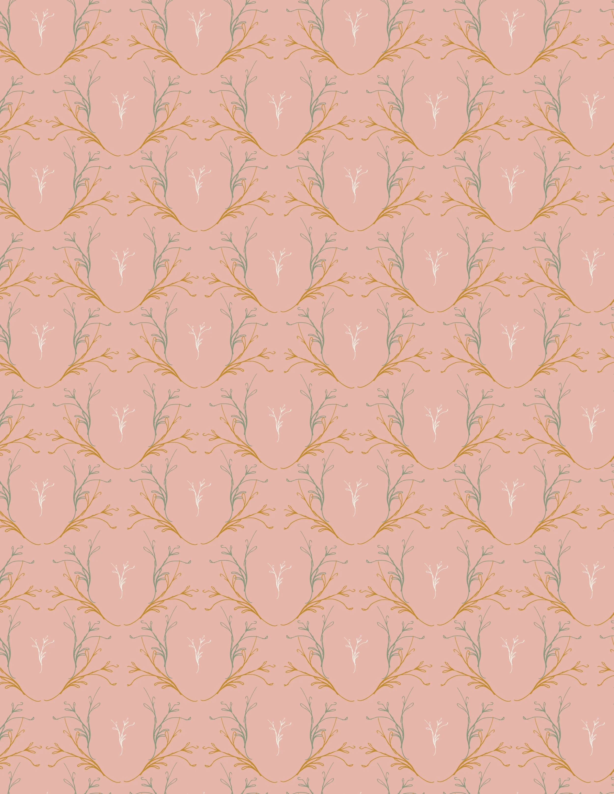 A pink floral pattern with stylized floral motifs outlined in gold, green, and white, arranged in a repeating symmetrical pattern.