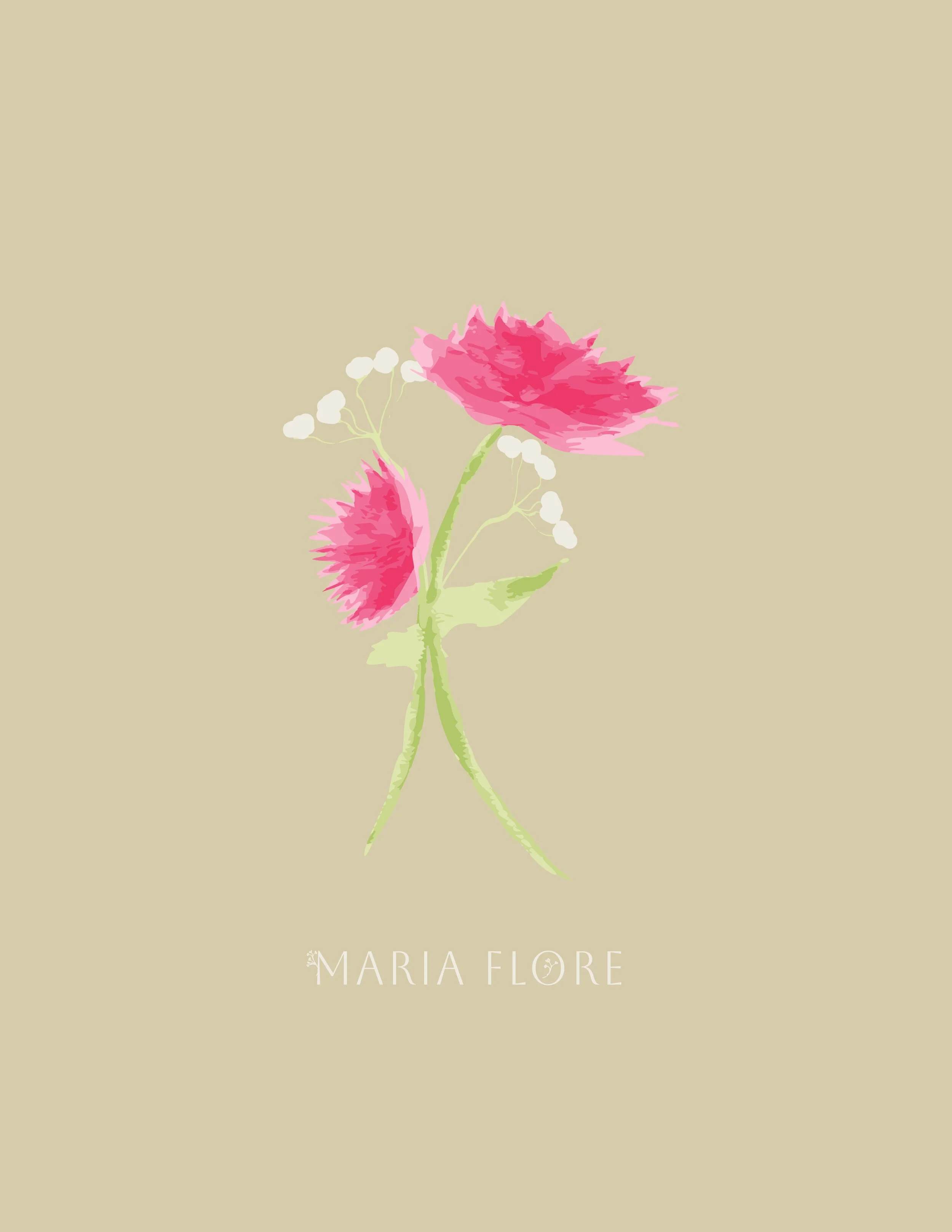 Illustration of pink flowers with green stems on a beige background