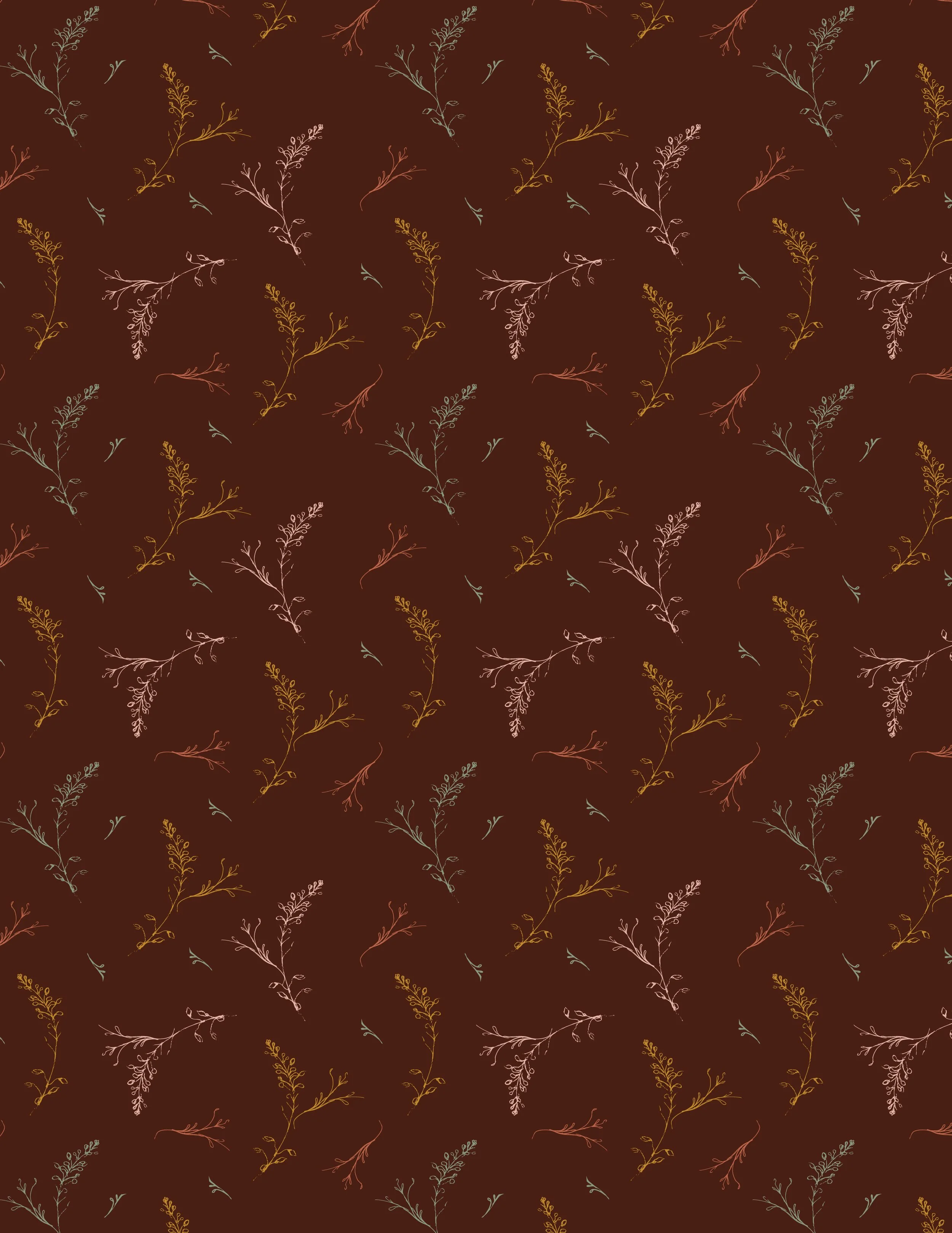 Pattern of small, delicate, multicolored botanical sketches on a brown background.