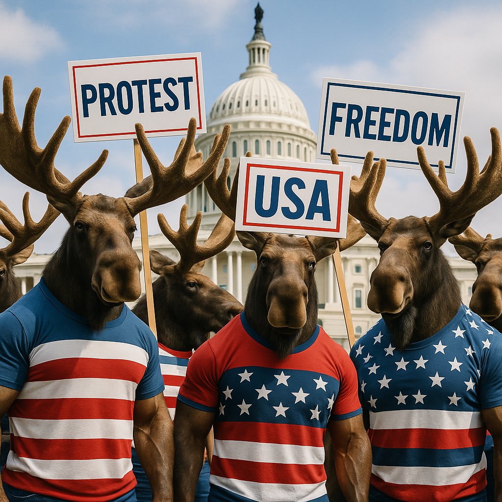 Humans with moose heads wearing American flag shirts protesting in front of the U.S. Capitol building, holding signs that read 'Protest', 'Freedom', and 'USA'.