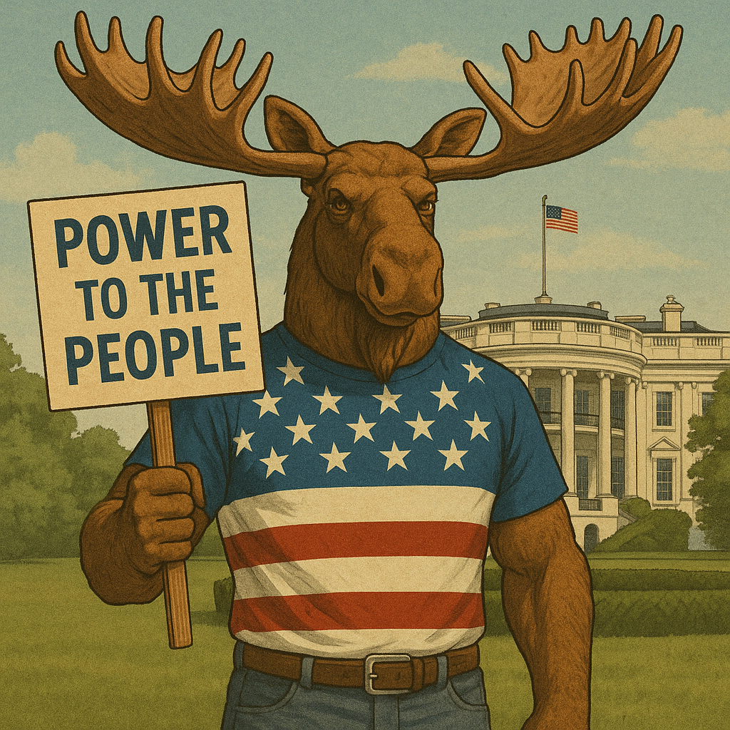 A humanoid moose with large antlers holding a sign that says "Power to the People," standing in front of the White House and wearing a shirt with the American flag design.