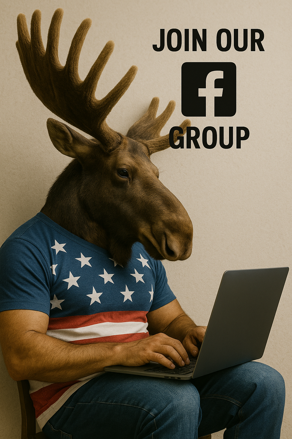 A person with a moose head wearing a blue shirt with white stars and red stripes, sitting and using a laptop, with a sign above them that says "Join Our Facebook Group."