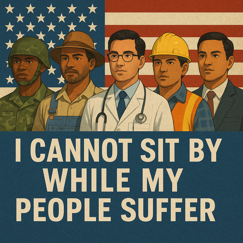 Illustration of diverse workers including a soldier, farmer, doctor, construction worker, and businessman standing in front of a U.S. flag, with the message "I cannot sit by while my people suffer".