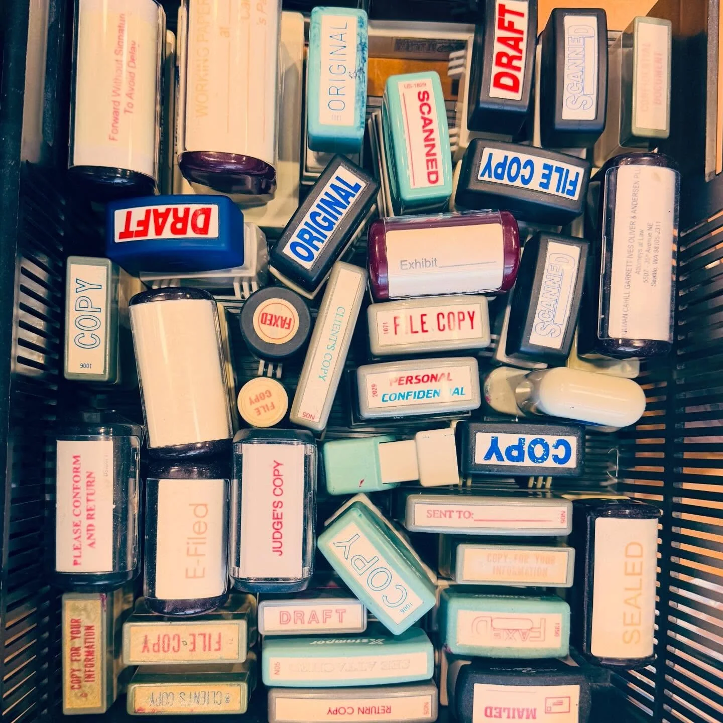 This morning I needed a DRAFT stamp and found this fun, uniquely legal collection. #fridayofficefinds