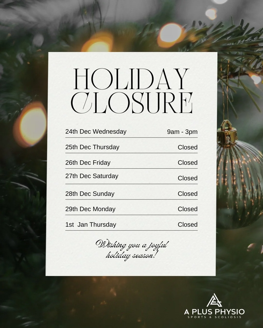 Heads up, everyone! 🔔

It&rsquo;s the most wonderful time of the year! Please check out our special holiday hours so you don&rsquo;t miss out on your final 2025 tune-ups!

We&rsquo;re open for a half-day on Christmas Eve (Dec 24th) and closed for th