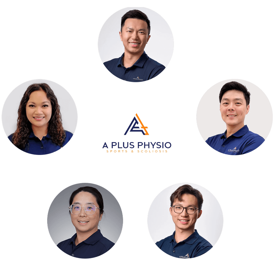 Team photo of five diverse physiotherapists from A Plus Physio Sports & Scoliosis, with the company logo and name in the center against a black background.