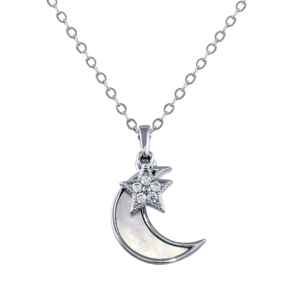 Rhodium Plated 925 Sterling Silver CZ Synthetic Mother of Pearl Star and Crescent Moon Necklace