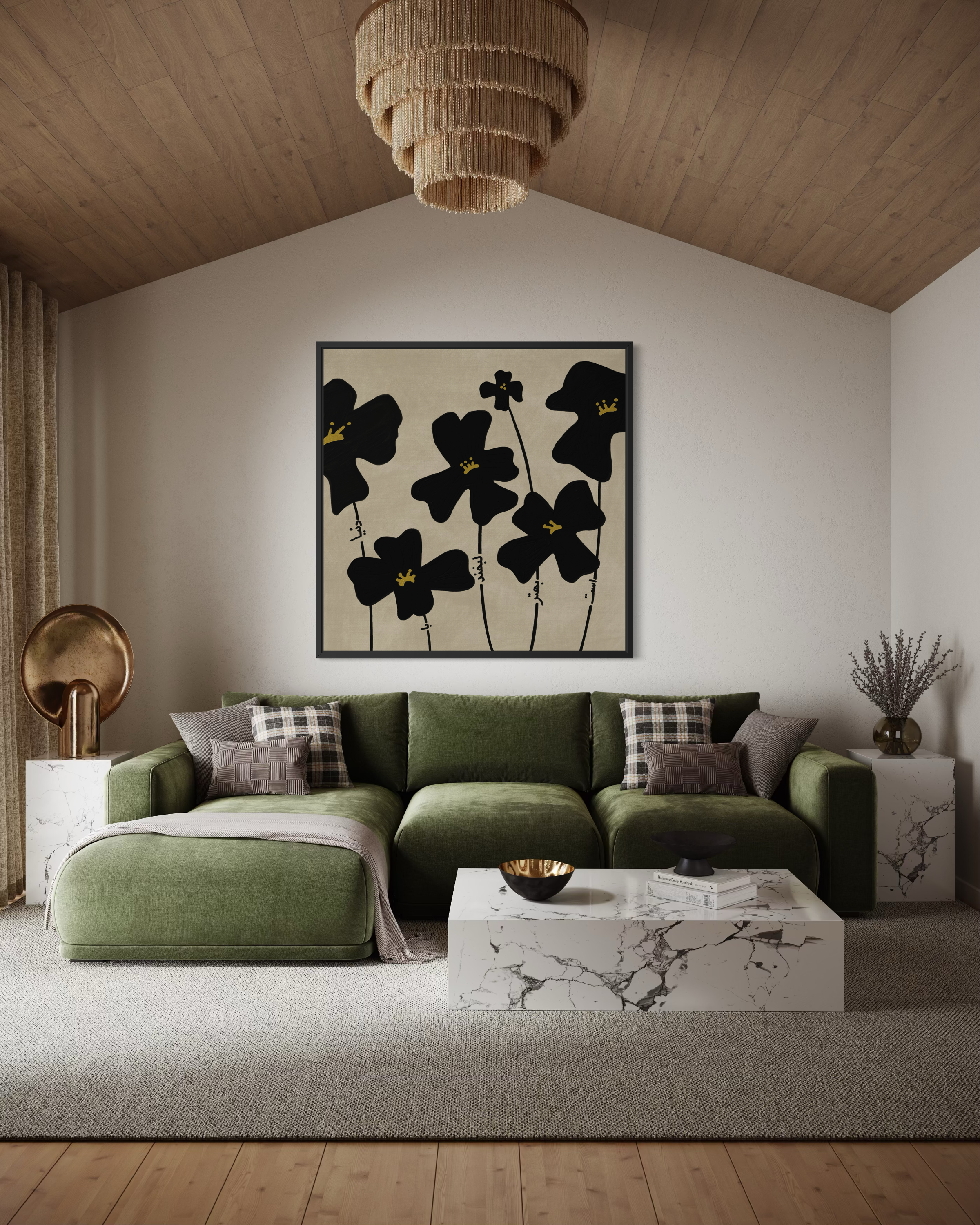 Grey floral silhouette artwork on canvas.