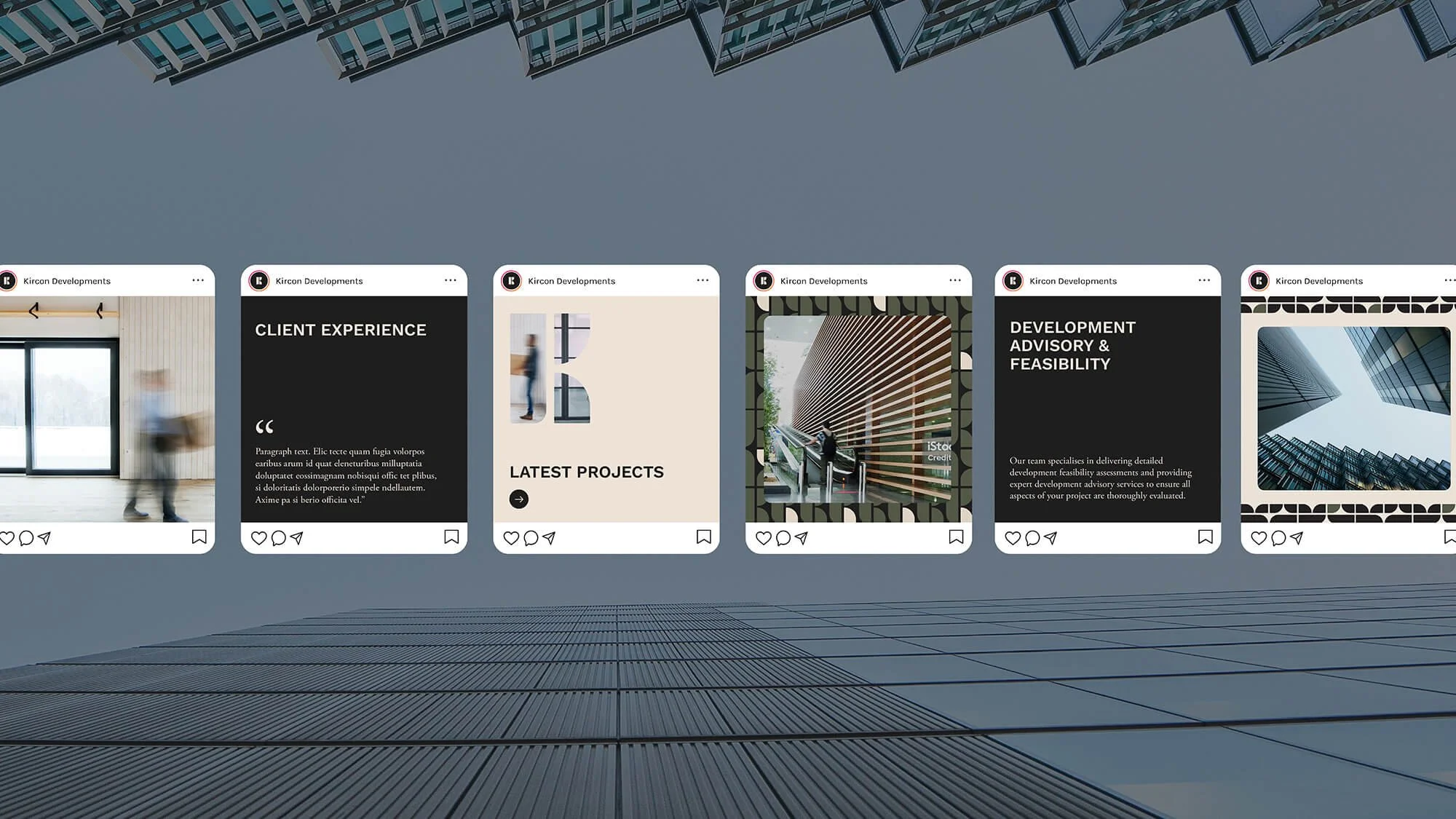 Social media Instagram designs as part of branding project for Kircon Developments by Melbourne based graphic designer Robyn Colton