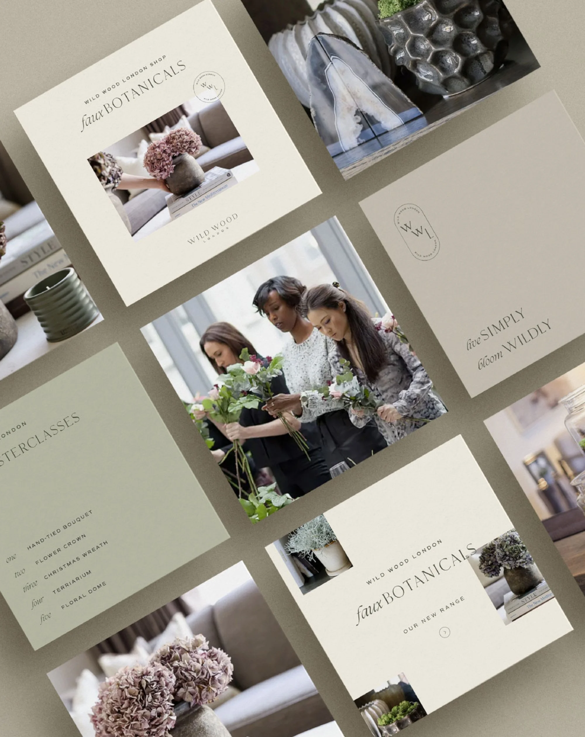 Collage of marketing materials for Wild Wood London Shop, showcasing faux botanicals, lifestyle imagery, and floral masterclasses.