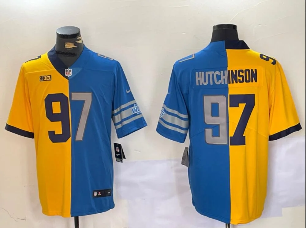 Detroit Lions/Michigan Wolverines #97 Aidan Hutchinson Split Jersey Blue/Yellow