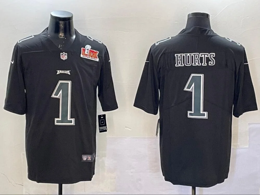 Philadelphia Eagles #1 Jalen Hurts with Green Number Fashion Super Bowl Patch Limited Jersey Black