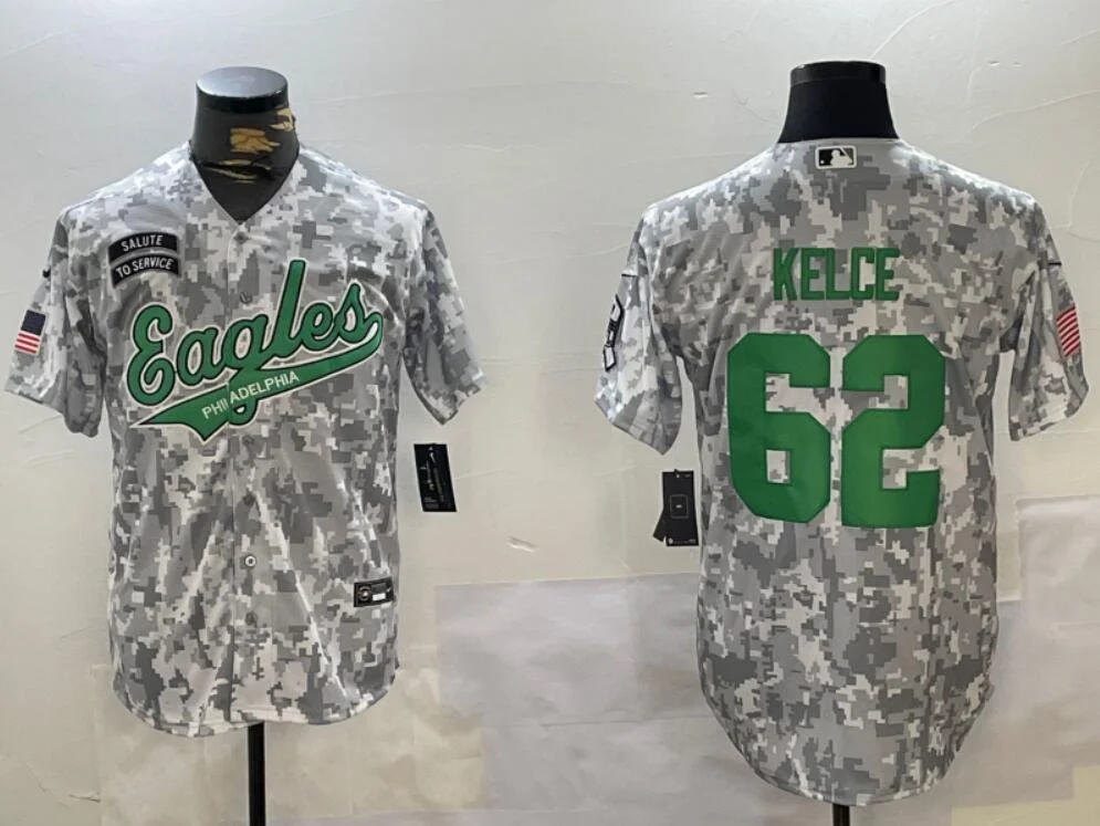 Philadelphia Eagles #62 Jason Kelce 2024 Salute to Service Baseball Jersey Arctic Camo