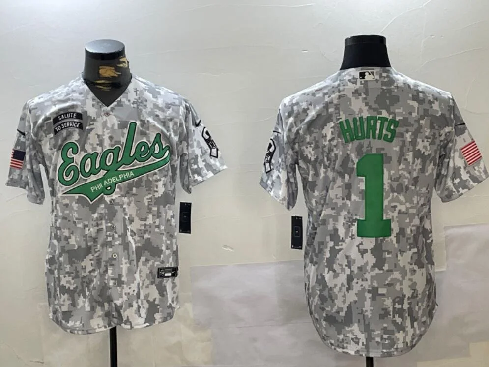 Philadelphia Eagles #1 Jalen Hurts 2024 Salute to Service Baseball Jersey Arctic Camo