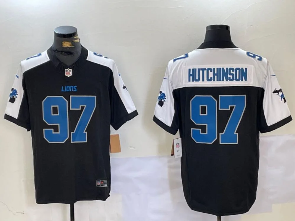 Detroit Lions #97 Aidan Hutchinson with White Sleeves Jersey Black