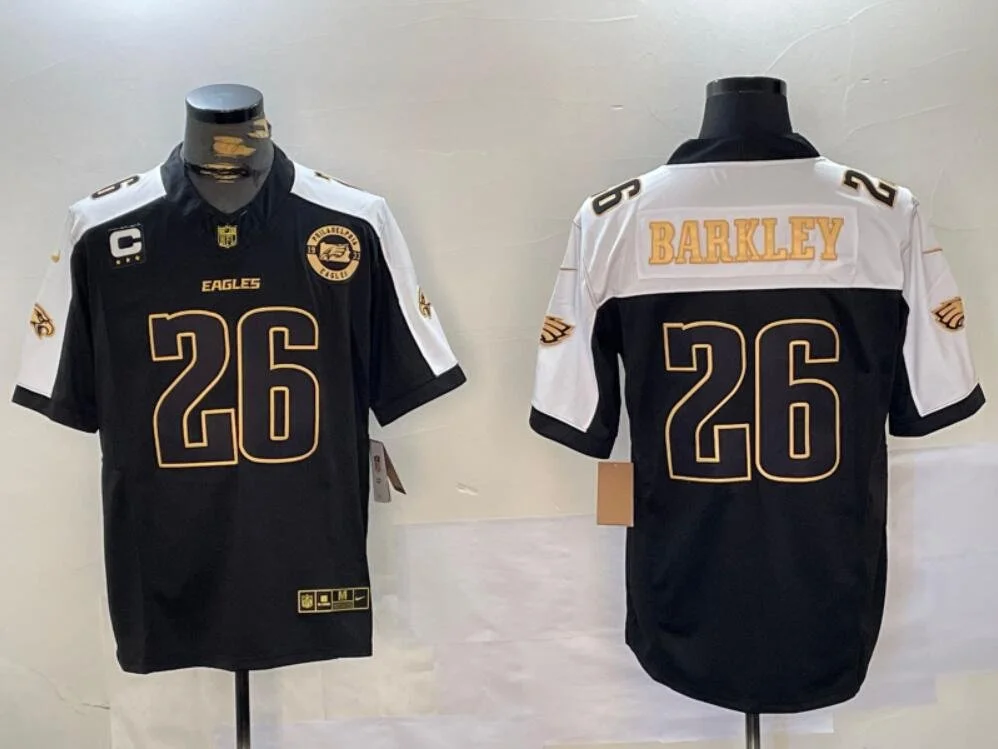 Philadelphia Eagles #26 Saquon Barkley with White Shoulders Patches Limited Jersey Black/Golden
