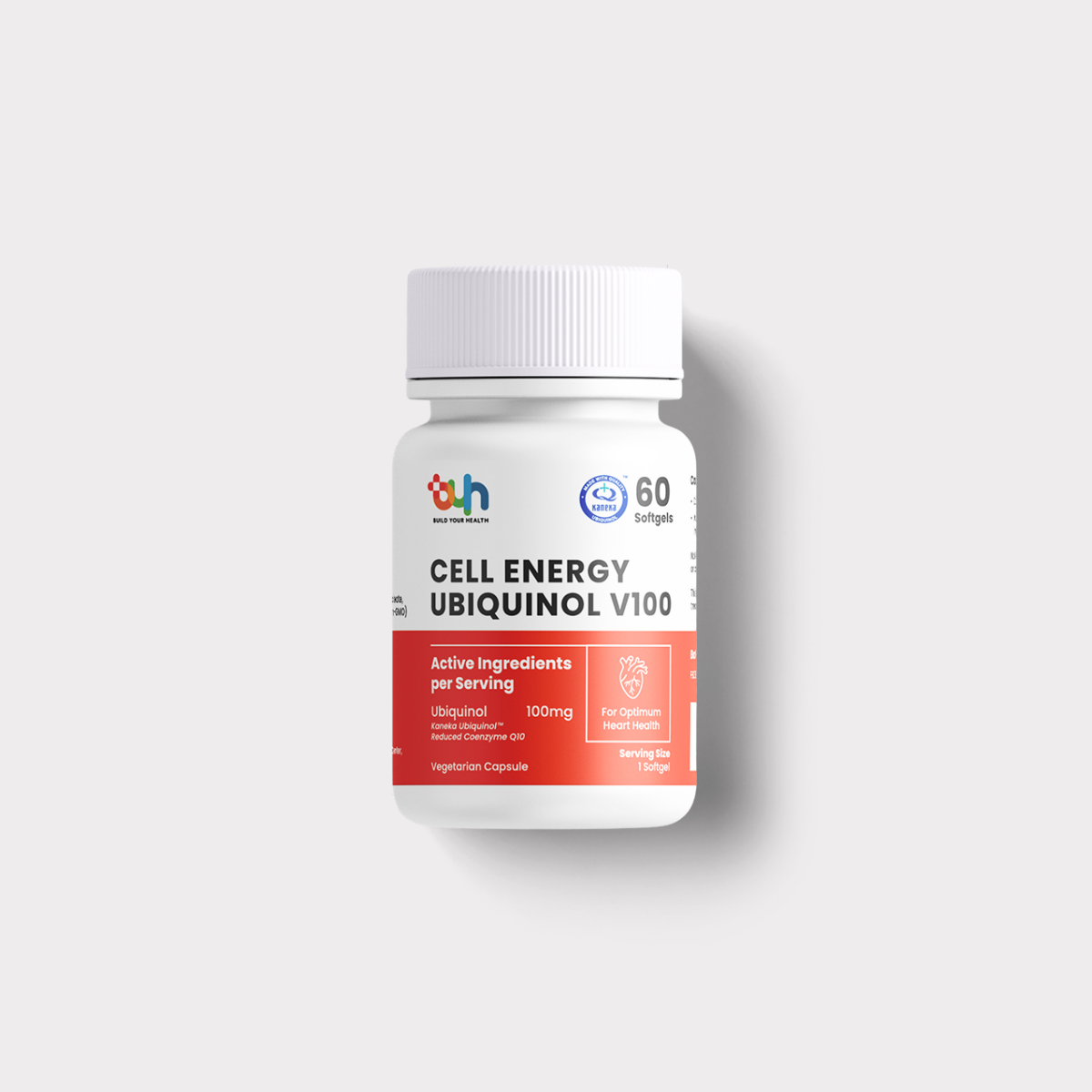 Bottle of Cell Energy Ubiquinol V100 dietary supplement with white cap and red-and-white label, indicating it contains 60 vegetarian capsules with 100mg Ubiquinol, for heart health.