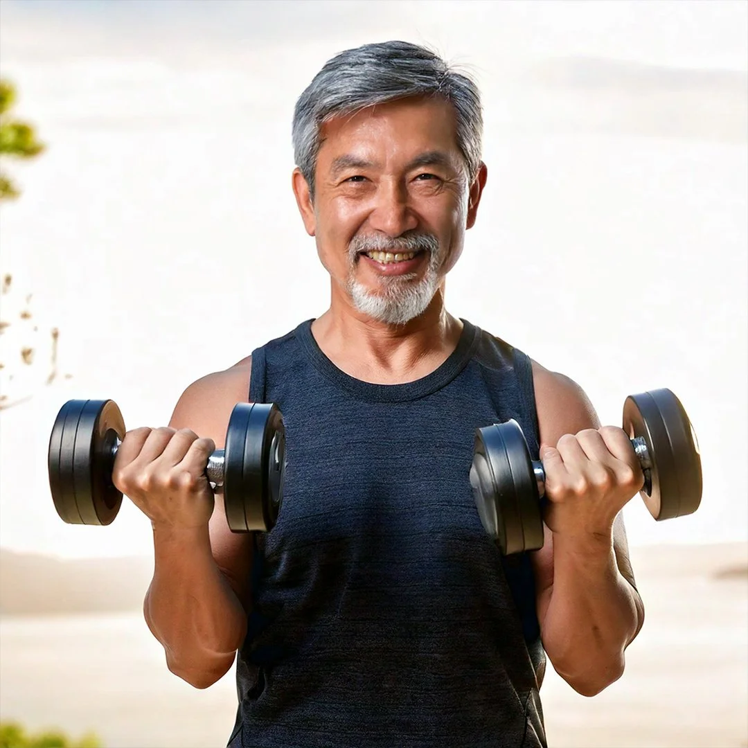 An older man with gray hair and a beard, smiling while holding a dumbbell in each hand, wearing a black sleeveless athletic shirt outdoors.