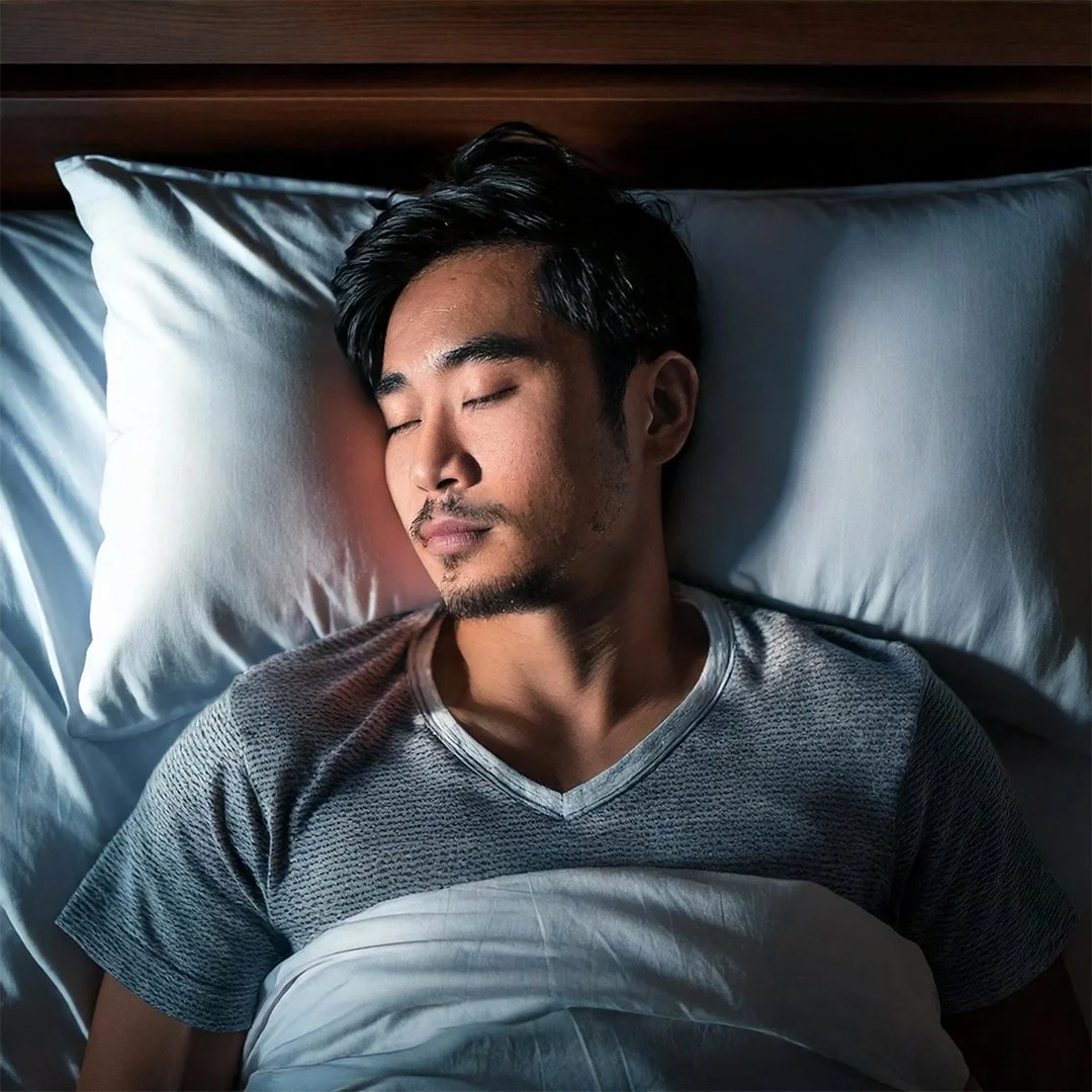 A man with dark hair and a beard sleeping peacefully on his side in bed, covered with a white blanket, with a pillow under his head and a wooden headboard in the background.