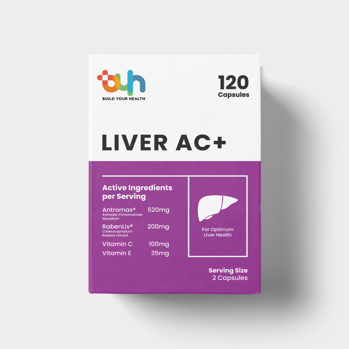 A box of Liver AC+ dietary supplement capsules with a white and purple design, indicating 120 capsules, active ingredients, and serving size, for liver health.