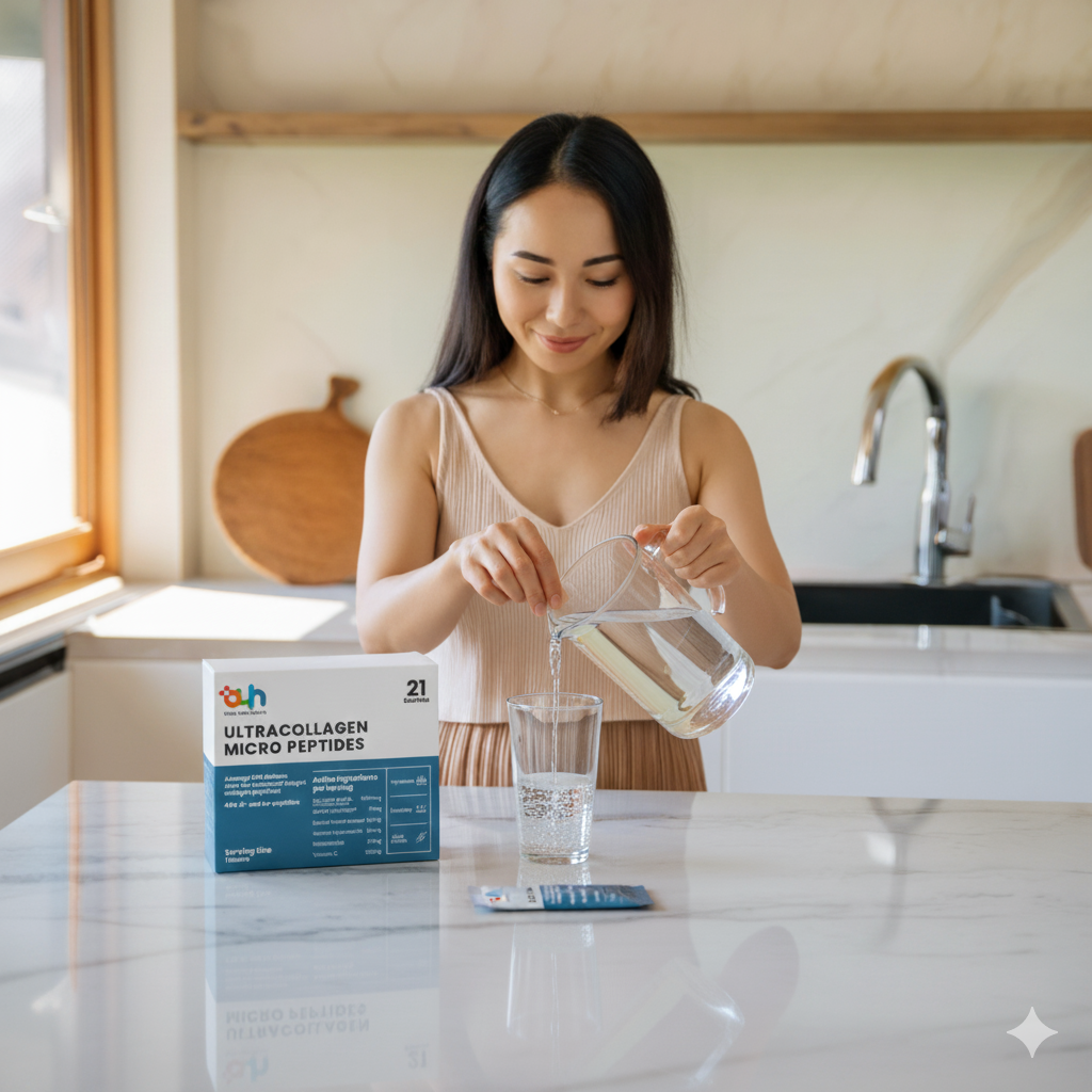 A woman is pouring water from a glass pitcher into a glass on a kitchen countertop. A box labeled 'Ultracollagen Micro Peptides' is placed nearby on the counter.