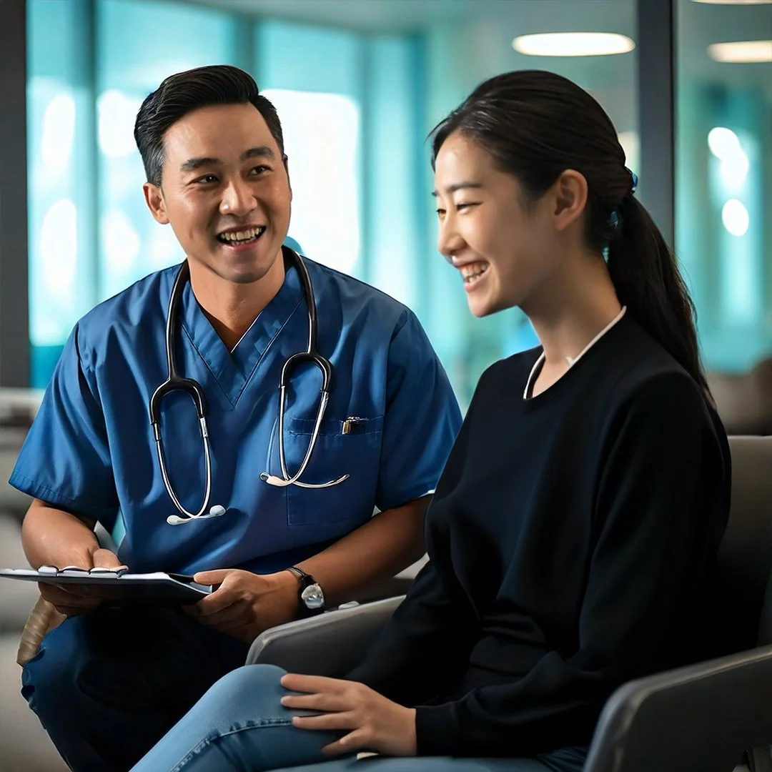 A male doctor and a female patient smiling and talking in a hospital waiting area.