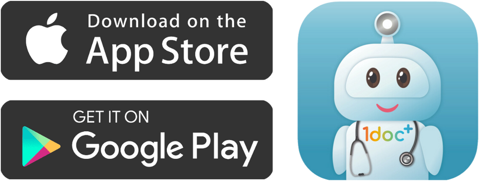 Logo for app downloads on the App Store and Google Play, with a cartoon robot with a stethoscope wearing a white coat and a blue background.