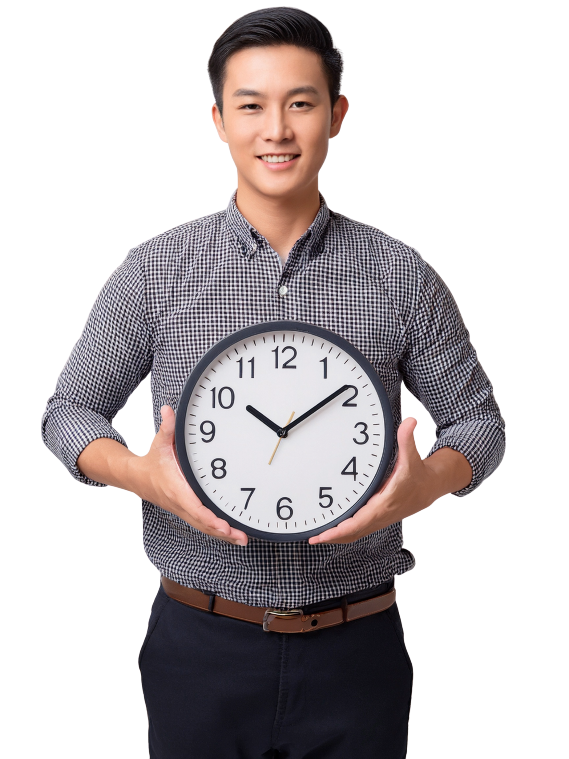 A smiling young man in a checkered shirt holding a large round wall clock showing the time as 10:10.